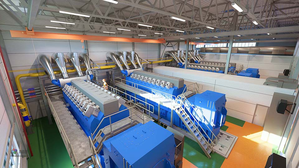 Машинный зал энергоцентра. На первом плане газопоршневые установки Rolls-Royce единичной мощностью 9,3 МВт. 3д-модель